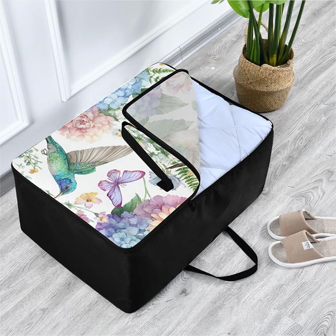 Comforter Storage Bags Large Folding Blanket Organizer Bag with Strong Handles Clear Window Closet Storage Containers for Clothes King Queen Pillows Bedding Quilt Duvet White Hydrangeas and Hum