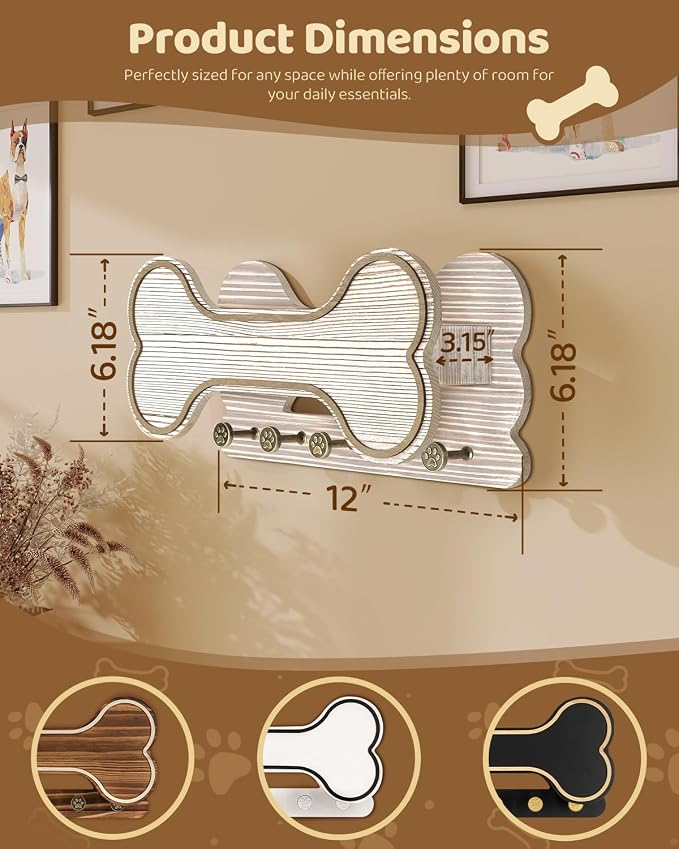 MTERSN Dog Leash Holder for Wall with Key Hooks for Dog Lover Gift, White | Chic 3D Puppy Paw Hooks, Doggie Bone Shape Key Rack Wall Mount with 5 Hooks, Display Shelf, Ideal for Treats & Dog Food