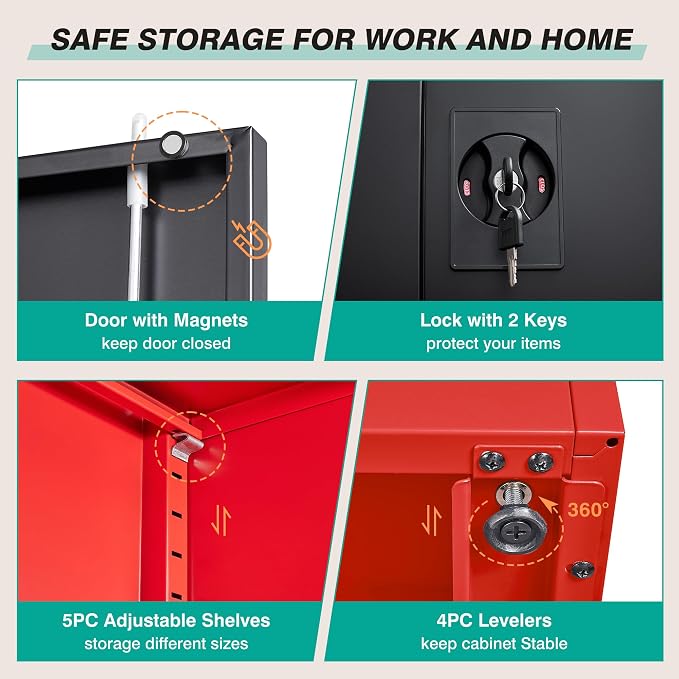 Wide & Deep Metal Storage Cabinet with Lock & Adjustable Shelves,72" Red Black Garage Storage Cabinet with Locking Doors,Lockable Cabinets for Home,Office,Shop,Garage,Basement 72x36x18