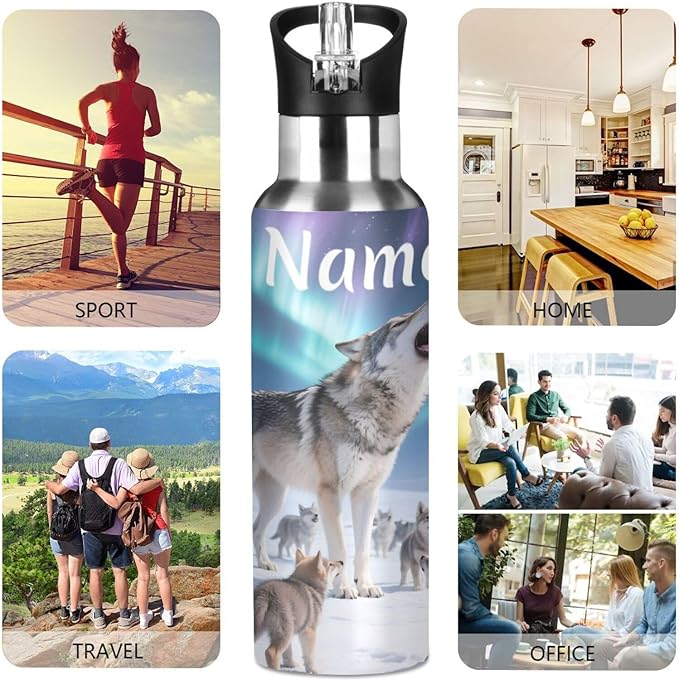 Custom Name Wolf Aurora Water Bottle with Straw Lid Kids Insulated Stainless Steel Water Flask Sports, 20 Oz Hot Cold