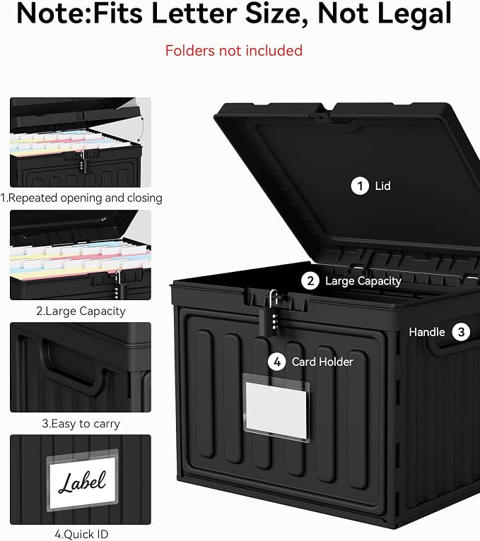 Oterri Lockable Plastic File Box with Lid for Letter-Size | Hanging File Folders Not Included. Black, Large 1-Pack. Home, Office, Classroom, Dorm, Tax, Under Bed, Filing Cabinet.
