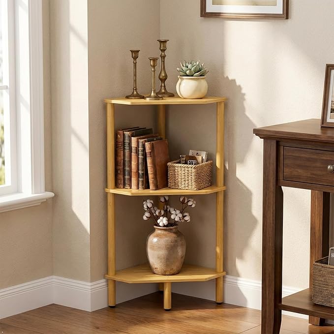 3 Tier Bamboo Corner Shelf, Storage Stand with Adjustable Feet, Small Spaces Corner Bookshelf, Plant Stand, Space-Saving Organizer Shelves, Small Corner Table for Bathroom Kitchen Living Room