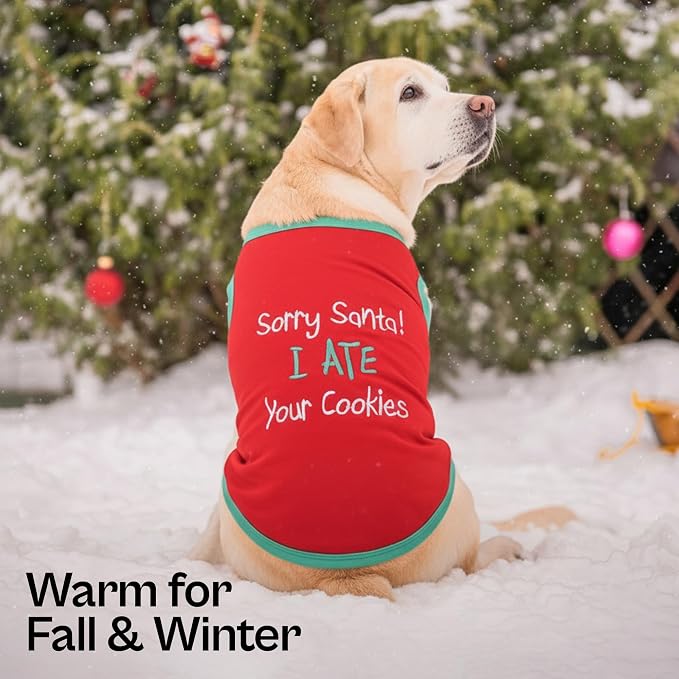Parisian Pet Dog Tshirt - Embroidered “ Sorry Santa I Ate Your Cookies “ Dog Shirt - Lightweight Cotton Pet Christmas Outfit - Sleeveless Christmas Puppy Clothes - Shirts for Small Dogs - XXS