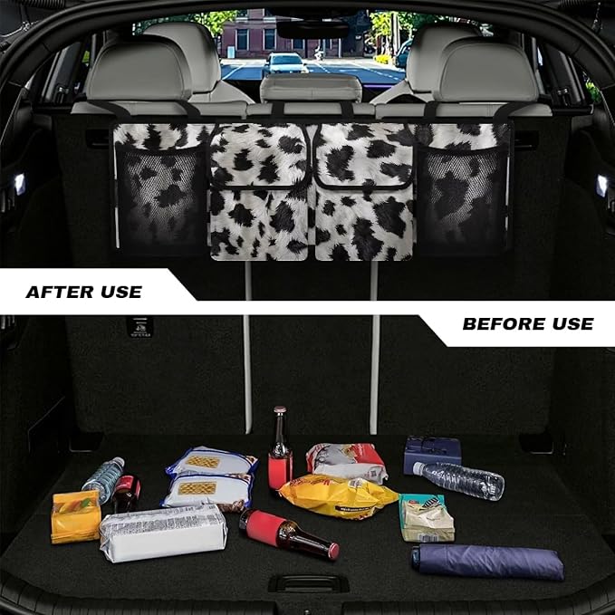 Cow Print Car Trunk Organizer Boho Car Accessories Quick-Dry Hanging Backseat Bag, High-Capacity Truck Sedan SUV Trunk Organizer