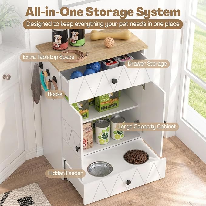 Dog Feeding Station with Storage Cabinet, Hidden Pull-Out Elevated Dog Bowls, Stainless Steel Feeding Drawer, Adjustable Shelves & Hooks, Modern Pet Food Storage Organizer for Dogs (White)