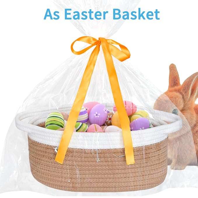 ABenkle Small Basket Empty Gift Basket, Decorative Boho Rope Woven Nursery Storage Organizer Dog Toy Baskets for Baby Showers Christmas Easter with Gift Bags and Ribbons, 12"X 8" X 5"