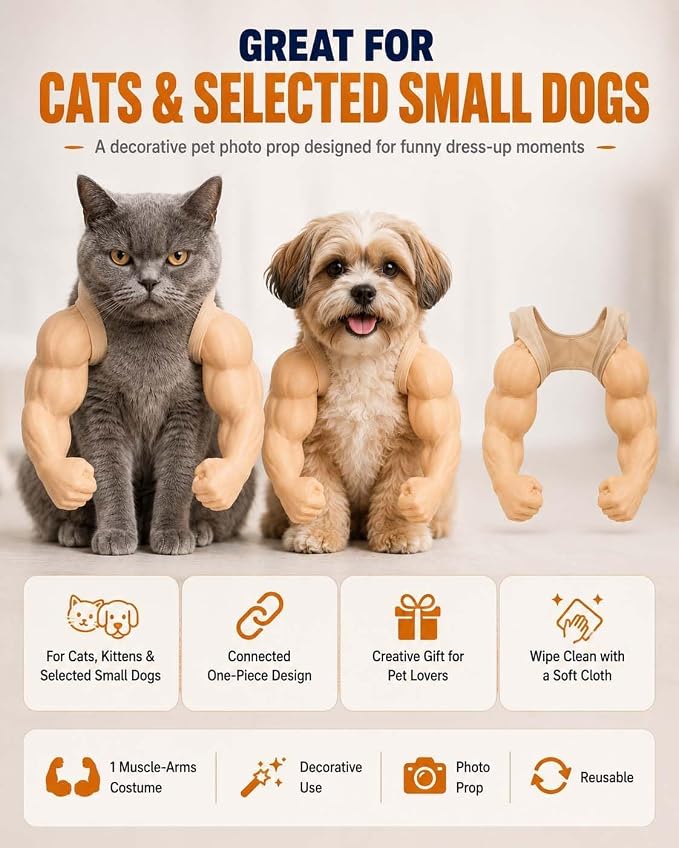 Cat Muscle Arms Pet Costume, Funny 3D Printed Buff Design, Lightweight Adjustable Neck Hanging Shoulder Outfit with Big Biceps Hands, Halloween Cosplay Photo Prop for Cats & Small Dogs, Large