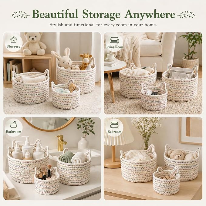 Small Woven Baskets | Mini Storage Bins | Cotton Rope Baby Nursery Organizers | Cute Round Cat Ears Basket for Organizing Desk Decor Kids Toy Dog Cat Baby Girls Gift-Set of 3 (White mixed Colors)