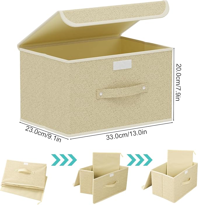 Storage Bins with Handles,Grey and Beige,13x9.1x7.9in,5 Pack | Storage Baskets with PP Board Support,Washable Wardrobe Organisers with Lids,Stackable Organization Bins for Socks,Ties,Scarf