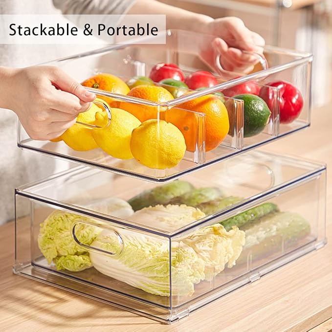 Mano 3PackFridge Drawer Pull Out Stackable Bins with Handle Clear Refrigerator Drawers Organizer Food Storage Container Box with Dividers Plastic Produce Saver for Pantry, Cabinet, Kitchen（2L+1XL）