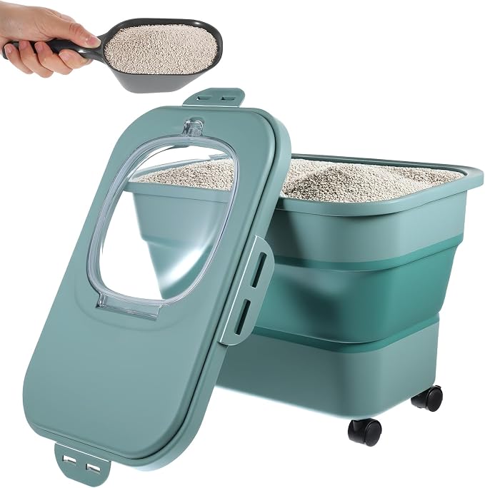 Cat Litter Storage Bin Container with Airtight Lids, Portable Cat Litter Storage Container with Wheels, Kitchen Cereal Rice Leakproof Sealable
