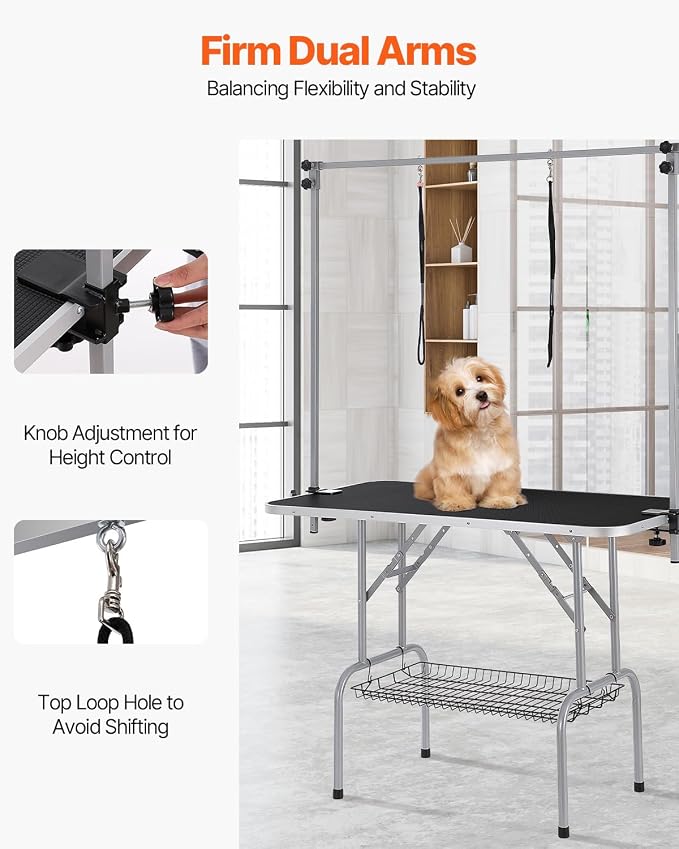 VEVOR Pet Grooming Table, 46 Inch Grooming Station with 2 Height Adjustable Arms, 330LBS Static Load Capacity, Foldable Dog Groom Station with No-Sit Haunch Holder with Loop, for Medium/Small Dogs