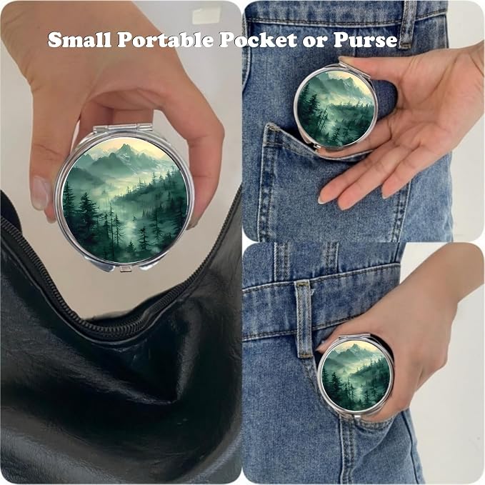 Small Pill Box 3 Detachable Compartments Pill Case with Mirror 2.4inches Pocket Round Medicine Organizer, Mini Portable Pill Organizer for Pocket Purse& Travel Convenience-Forest Mountains