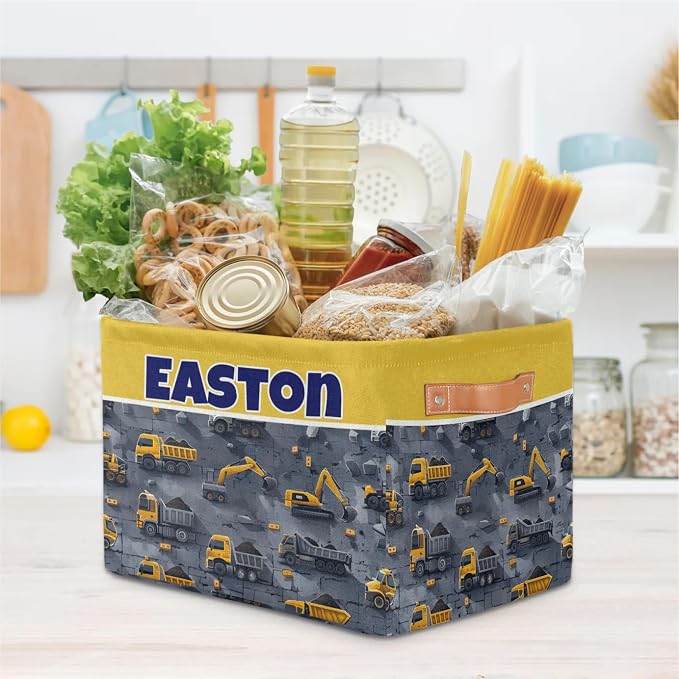 Custom Storage Baskets Name, Personalized Storage Bins Basket Boxes PU Leather Handles for Clothes Bedroom Closet Organizing Toys Books Shelves, Excavator Truck