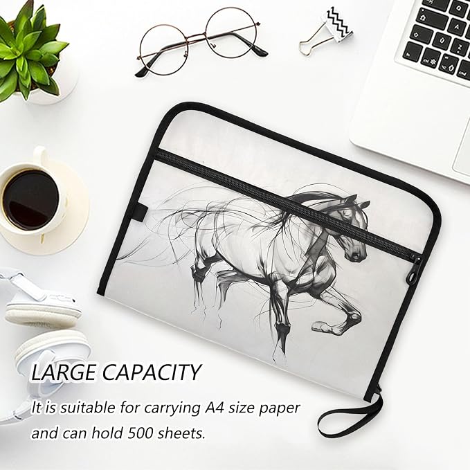 Horse Line 13 Pocket File Organizer Expanding File Folder with Front Pouch Portable Business File Storage Document Organizer Folder with Zipper