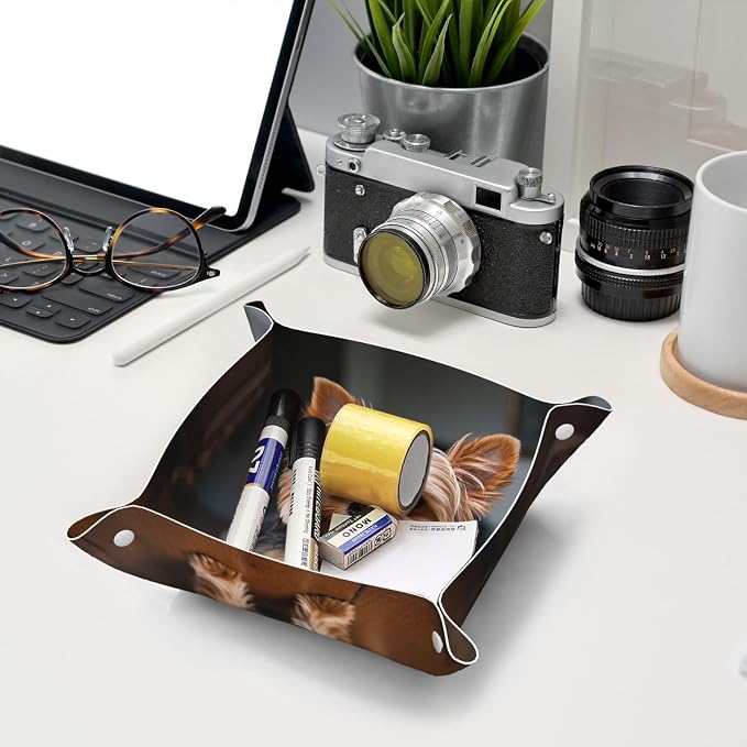 LeatherJewelry Valet Tray for Women Men, Portable Travel Catchall Tray Organizer Dish Plate Cute Pet Yorkie Bedside Vanity Tray Nightstand Caddy Holder for Wallet, Key, Coin