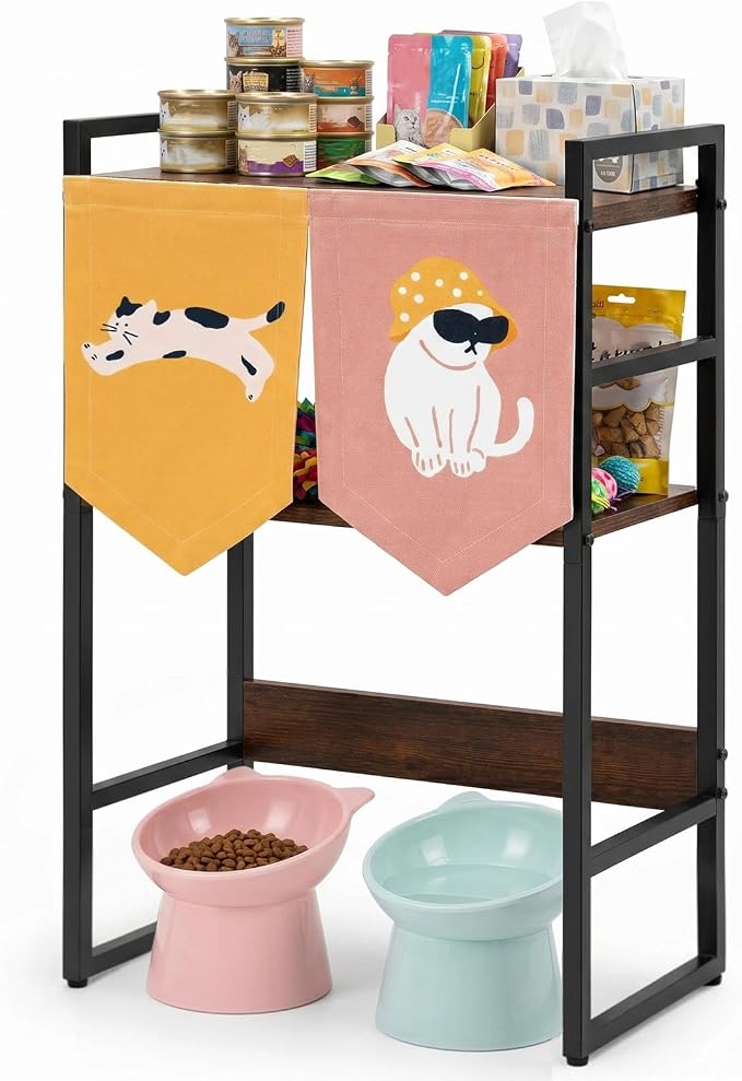 Cat Feeding Station with Storage, 3-Tier Cat Food Organizer Shelf, Elevated Feeding Area Fits Different Bowl Heights, Space Saving Pet Supply Rack with Decorative Flags(Not Include Bowls)