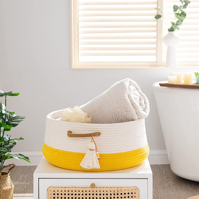 KAKAMAY Woven Baskets for Storage(16"x8"),Blanket Basket for Organizing Living Room,Cotton Rope Basket Woven Baby Laundry Hamper,Collapsible Laundry Room Organization,Clothes,Toy Chest(Yellow)