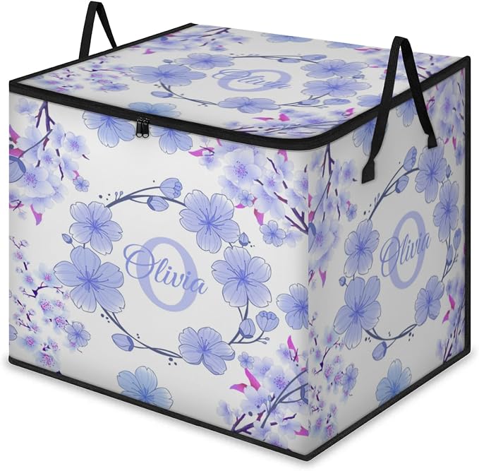 Custom Name Storage Bin with Lid, Personalized Extra Large Watercolor Blue Cherry Blossom Storage Basket with Handles Zippers for Comforters, Blankets, Bedding Closet Shelf Baskets, Initial Letter