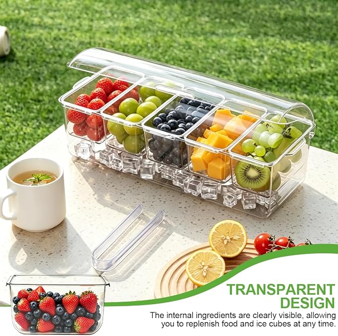 OBTANIM 16 Inch Ice Chilled Condiment Server Caddy Plastic Clear Food Storage Container Garnish Tray with Lid and 5 Removable Compartments for Bar Party Fruit Salad