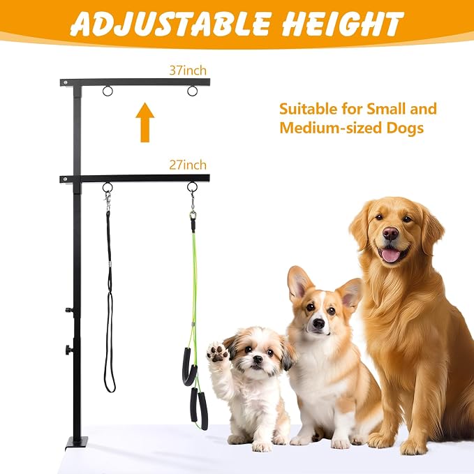ondware Dog Grooming Arm with Hammock, Adjustable 27-37", Dual Clamp | Thickened base, fits tables up to 1.65", carabiner & S-hook, for small to medium dogs under 30 lbs