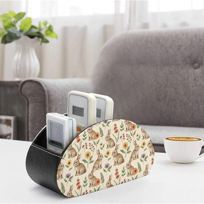 Desk Remote Control Holder Organizer Cute Rabbit Bunnypattern 5 Compartment | Remote Caddy Box, Cute Rabbit Bunnypattern, Pu Leather, Fit Media Player, Maleup Brush, Office Supplies Accessory