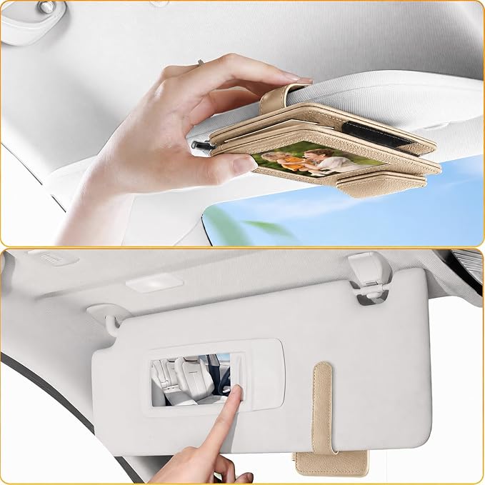 HOLDCY Car Visor Organizer with Registration Holder and Sunglasses Clip | Beige PU Faux Leather With Photo Window, Flip-Open Card Storage, Slim Profile And Tool-Free Setup; 1 Piece