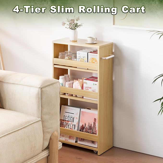 MARTY Slim Rolling Storage Cart, Wood Utility Kitchen Bathroom Laundry Cart | 4 Tier Kitchen Cart with Wheels Handle, Laundry Room Organization Between Washer and Dryer, Narrow Storage Cabinet, 8” Wide