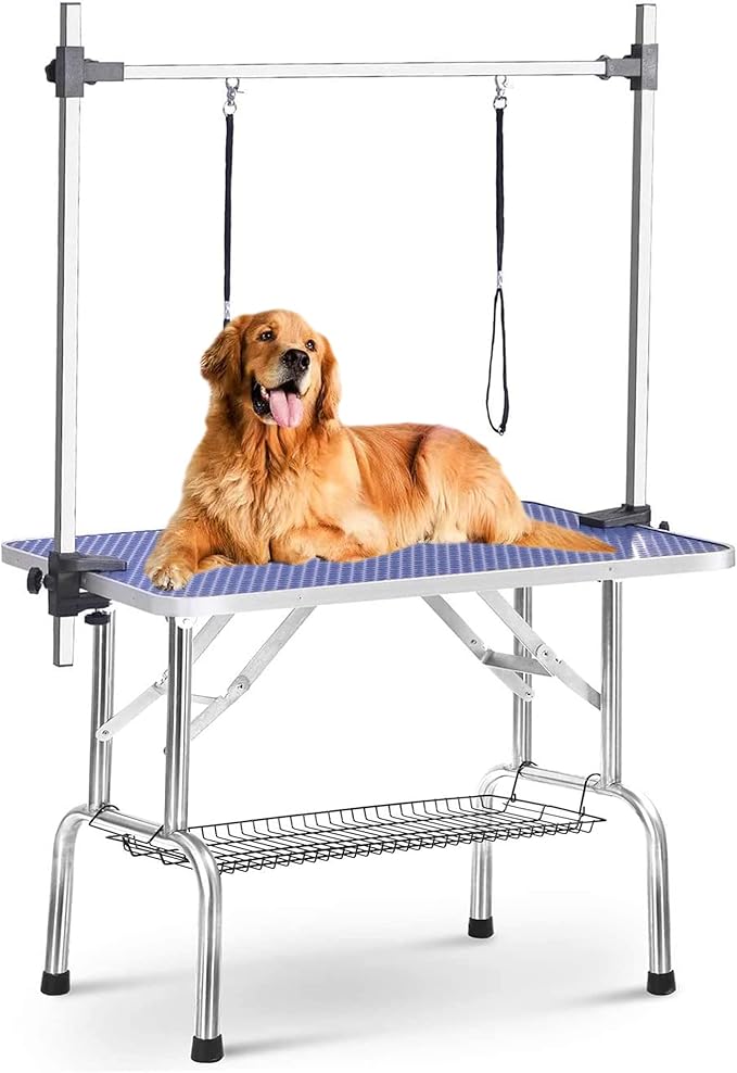 Pet Dog Grooming Table, Adjustable Large Heavy Duty Professional Foldable Trimming Stage with Arms, Noose, Mesh Tray, Maximum Capacity Up to 330LBS, 42''/Blue
