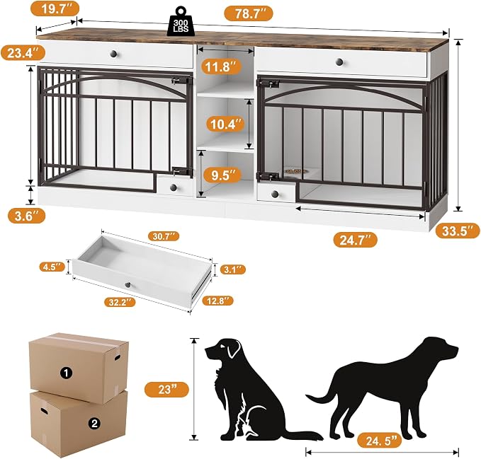 IDEALHOUSE 78.7" Double Dog Crate Furniture with Storage and 2 Doors, White | Dog Kennel Indoor with Feeding Bowls, Wood Dog Crate TV Stand for Small Medium Dogs