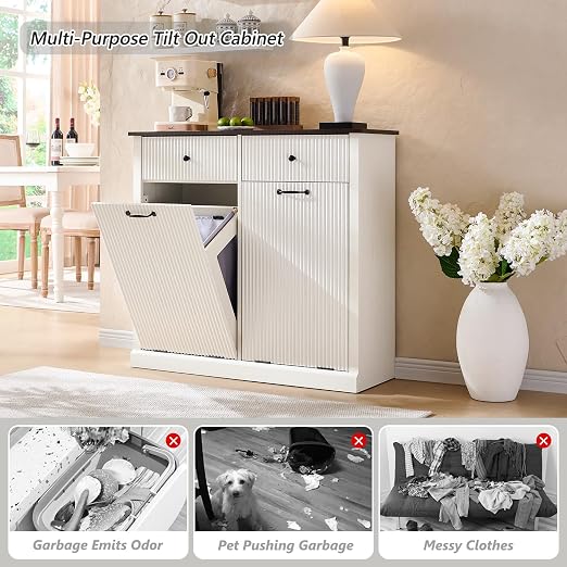 IFGET Double Tilt-Out Trash Cabinet, Laundry Hamper Cabinet, Antique White