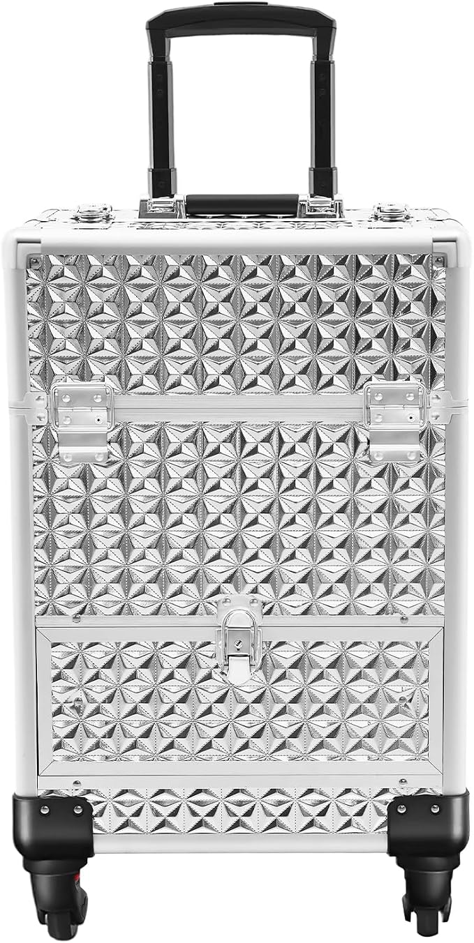 Rolling Makeup Train Case with 7 Compartments & Drawer, Large Storage Professional Aluminum Alloy Mobile Organizer on Wheels for Hairstylists, Makeup Artists, Pet Groomers (silvery)