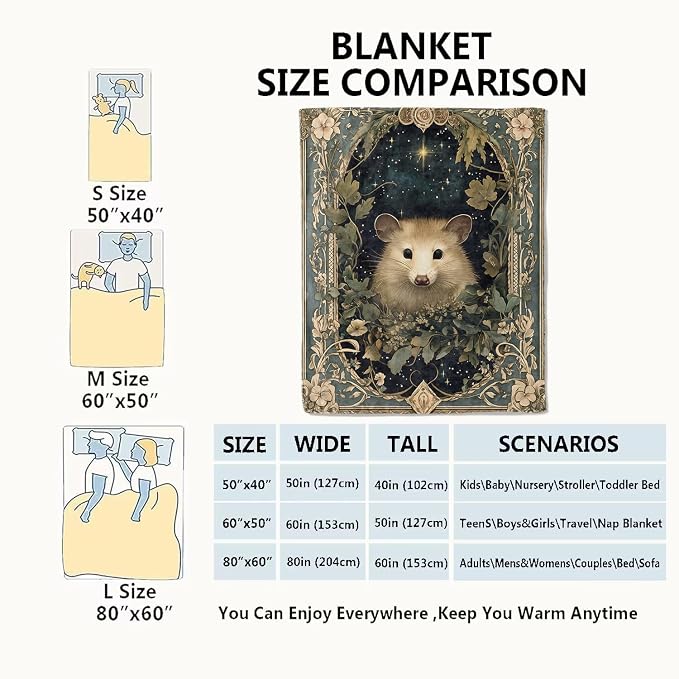 Vintage Possum Blanket,60x80in,Retro Opossum Enchanting Nighttime Floral Frame Throw Blankets,Gifts for Kids Adult & Animal Lovers, Lightweight Soft Fleece,for Sofa Couch Bed Room Rustic Decor