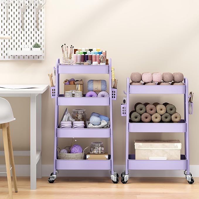 TOOLF 4 Tier Rolling Cart, Metal Utility Storage Cart with Pegboard, Purple | 2 Bins & 4 Hooks, Screwless Assembly, Lockable Wheels, Trolley Organizer for Bathroom, Kitchen, Office, Dorm, Craft Room