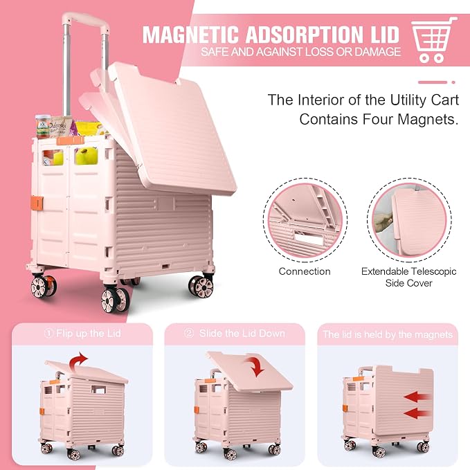 FELICON SELORSS Folding Utility Cart Portable Rolling Crate Handcart-Pink | Magnetic Sliding Lid,Telescoping Handle,Plastic Box Dolly,360°Swivel Wheels for Travel Shop Move Laundry Office Teacher Use