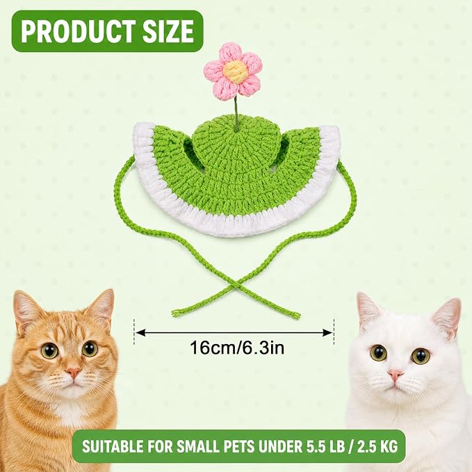 Flower Cat Hat, Green Cotton & Soft Cute Knitted Hats for Cats | Halloween Christmas Holiday Party Clothes Birthday Party Puppy Hat for Small Pets, Holiday & Photo Outfit