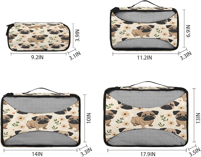 Pug Dog 4 Set Travel Packing Cubes for Accessories, Suitcase Organizers Luggage Bags Set with Double Zippers & Mesh Top