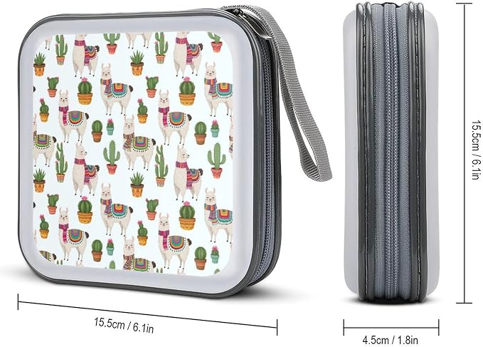 Hard Shell DVD CD Organizer Llama And Cactus, 40-Disc Storage Binder with Zipper Closure, Portable Protective Case for Travel Home