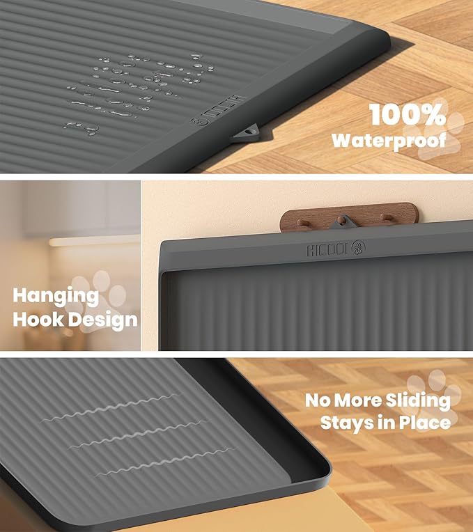 Dog Food Mat 36"x24", Waterproof Dog Bowl Mat, Grey | Raised Edges Prevent Spills, Diversion Grooves, Waterproof Surface, Non-slip Backing, Easy to Clean