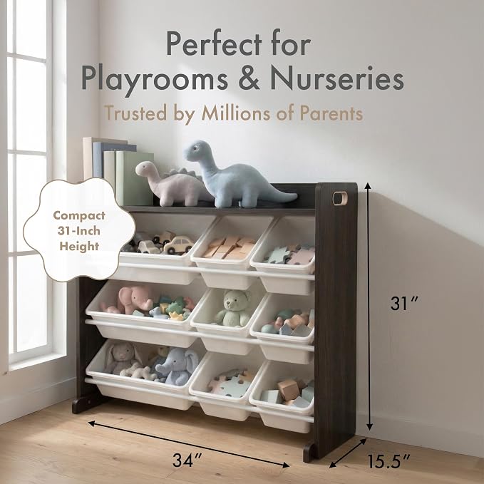 Humble Crew Kids Toy Organizer with Display Shelf, 9 Bins, 3 Tier Storage | Sturdy wood and steel toddler shelf, removable BPA-free containers, wall anchor anti-tip safety kit for bedroom or classroom