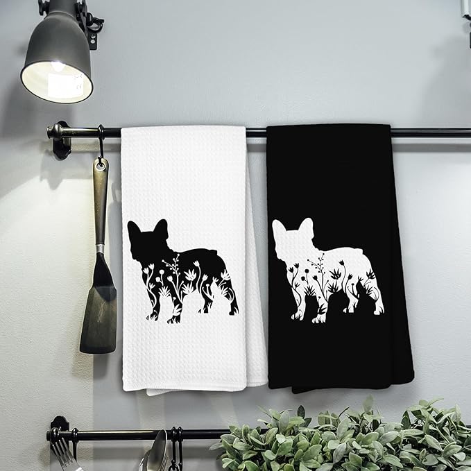 Black and White Pug Flower Kitchen Towels,Pug Weiner Dog Lover Gifts for Women Mom Dish Towels for Kitchen,Weiner Dog Hand Towel Decorative Set for 2