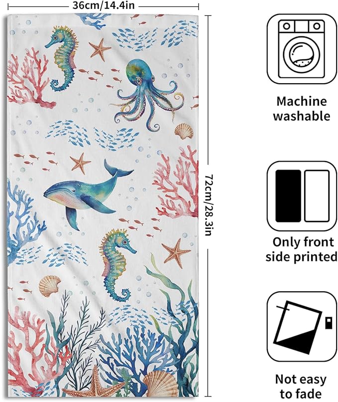 Giwawa Coastal Ocean Hand Towels Set of 2 Seahorse Whales Soft Microfiber Bath Towels Summer Fingertip Towels for Bathroom Kitchen Gym Spa Decor