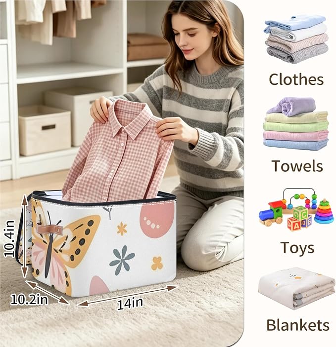 Pink Butterfly Foldable Storage Bin with Lid Zipper | Closet Shelf Organizer, Boxes, Basket Containers for Home, Lidded Storage Cube for Bedroom, Waterproof, with Handles