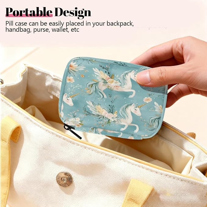 Weekly Pill Organizer Travel Size Bag with Removable 7 Day Pill Box Portable Vitamin Case Purse with Zipper,Unicorns Flowers Blue Pattern