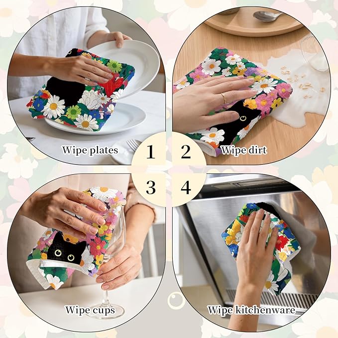 Black Cat Floral Kitchen Towels Set of 2, Cute Cat Dish Towels for Kitchen Drying, Soft Absorbent Microfiber Dish Towels, Spring Cats Kitchen Dish Towels for Cooking, Home, Housewarming Gifts