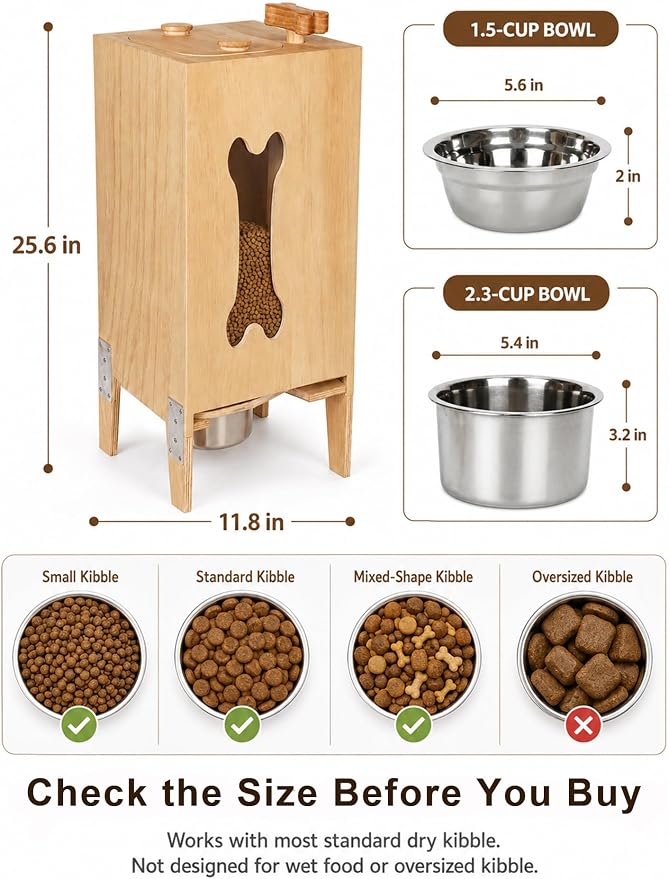Wooden Dog Food Dispenser with Raised Bowl, Up to 30 lb Kibble Storage | Wooden Kibble Dispenser with Twist Knob. Furniture-Style Cabinet Stores Dry Food and Includes a Raised Steel Bowl.