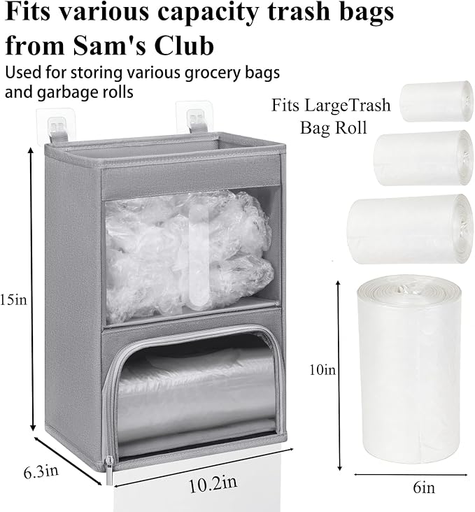 2-in-1 Plastic Bag Holder with Clear Window, Large Grocery Bag Holder and Garbage Bag Dispenser with Easy-Access Openings, Trash Bag Organizer for Kitchen RV Cabinet Wall Mounted(Gray)