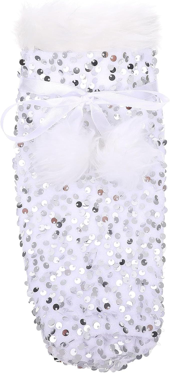 TEHAUX Wine for Bag Bottle Cover with Plush Silver and Christmas Pet Material Protective Drawstring Bottle Bag and Decoration Holiday Coffee Shop and Home Use