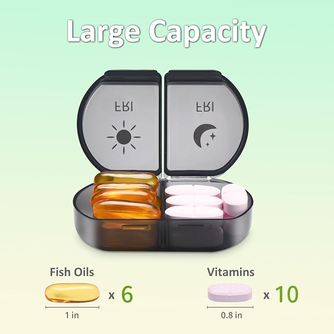 Fullicon Large Capacity Pill Organizer, Secure Pill Case with Durable Printing, Spill Proof Daily Pill Organizer, 7 Day Pill Box Organiser Travel Pill Organiser (Black) | Each Compartment Holds 6 Fish Oils or 10 Vitamins, One Finger Open Lid, Double Se...