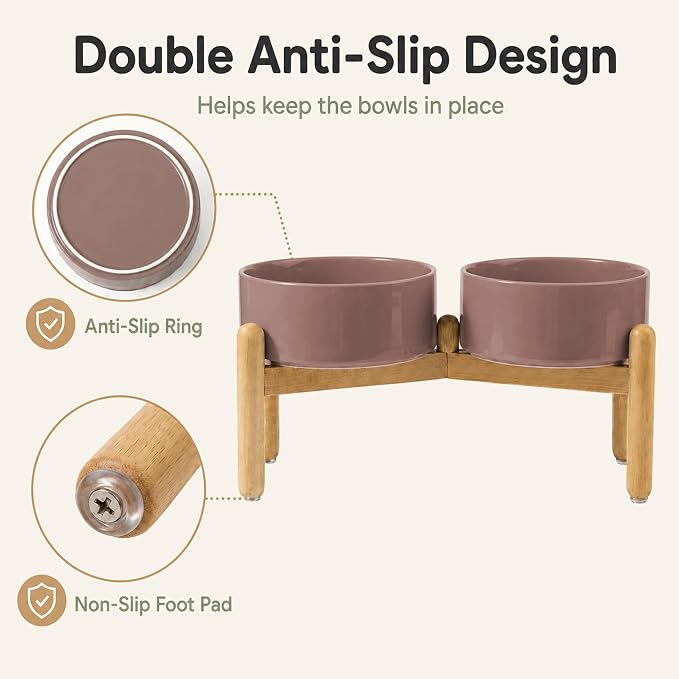 Havniva Ceramic Dog Bowls Elevated, Raised Dog Food Bowl for Medium Dogs | 7.3” Elevated Dog Bowls, Non-Slip Wood Stand, Dog Food and Water Bowl Set, Dog Feeding Dish, Large Capacity Pet Water Bowl